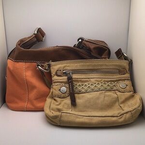 Fossil Beige Fabric & Orange Leather Tote Bag Set